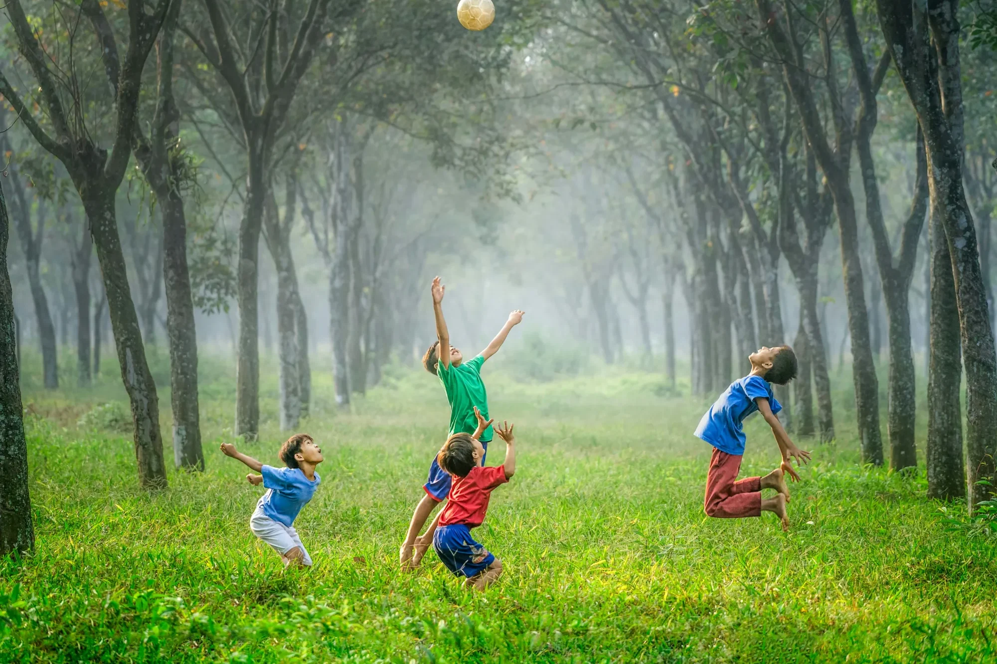 Spielerisch Kindern Werte vermitteln Vier Kinder spielen fröhlich mit einem Ball in einem bewaldeten Bereich.